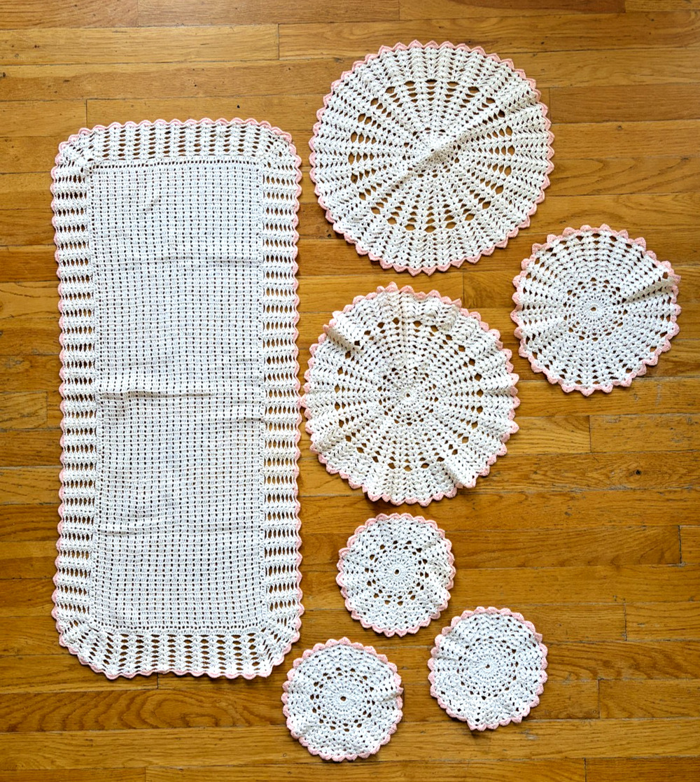 Crochet Doily Set Table Runner Pink Lace Cotton 7pc Lot 36in Runner 16in Round